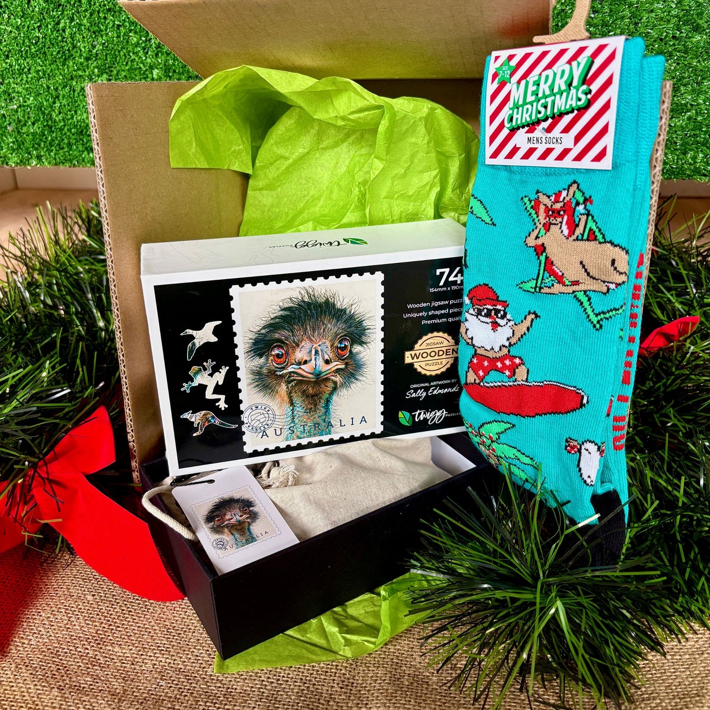 Emu puzzle with Christmas pair of Funky Socks