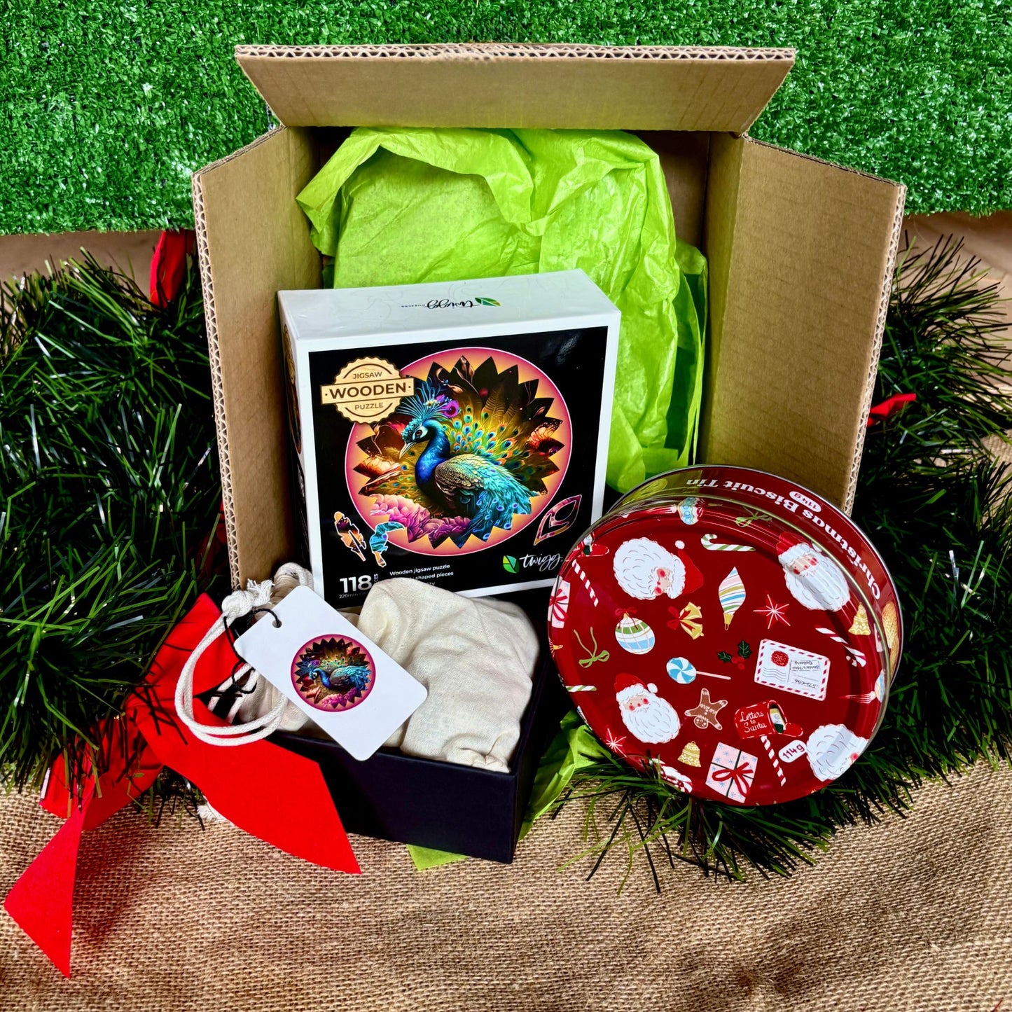 Peacock puzzle with Christmas Tin of Biscuits