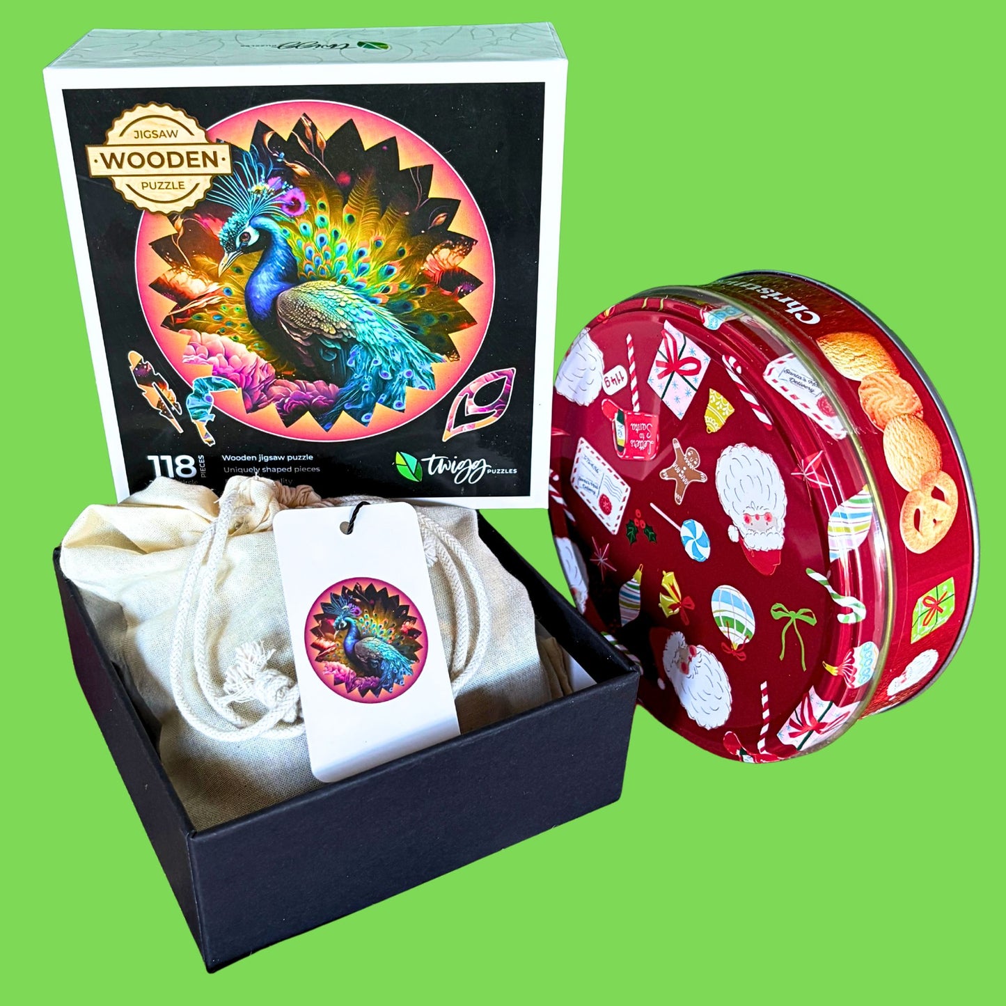 Peacock puzzle with Christmas Tin of Biscuits