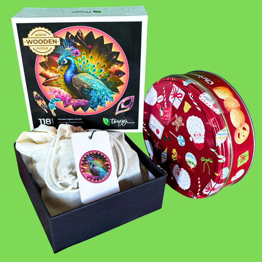Peacock puzzle with Christmas Tin of Biscuits