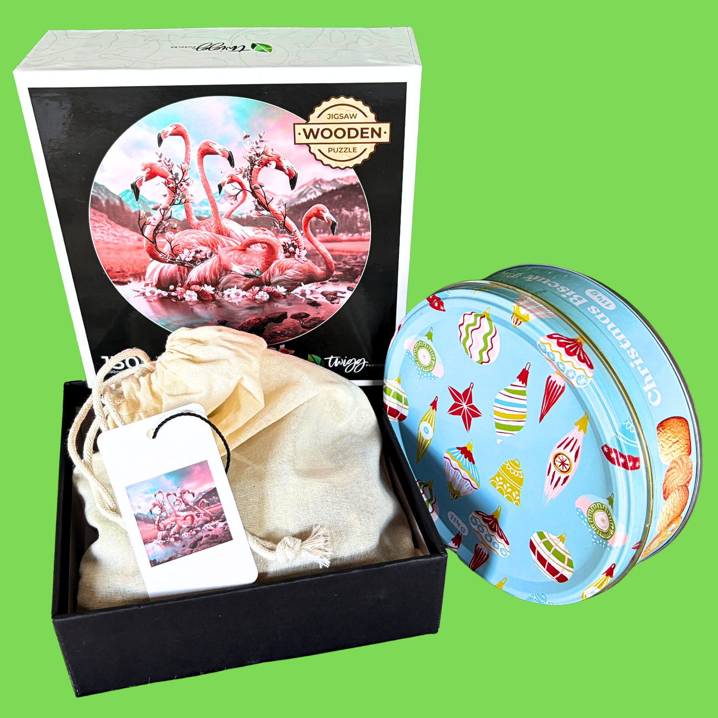 Flamingo with Christmas Tin of Biscuits